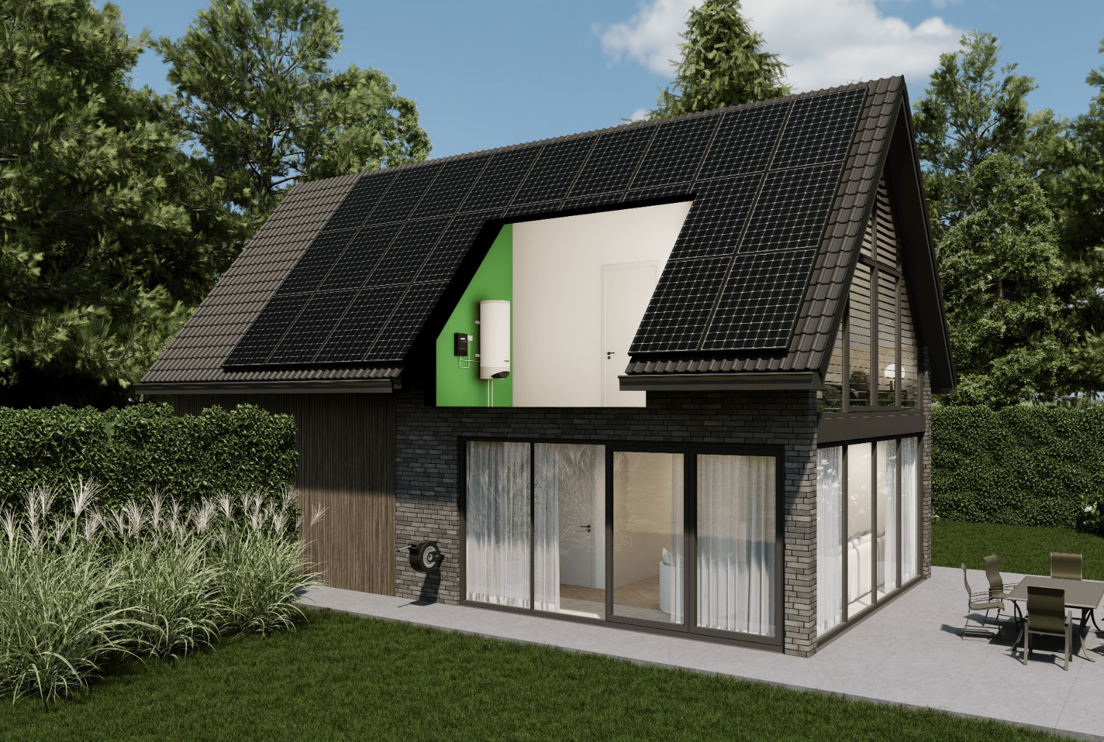 Illustration of a solar-powered home with the Solyx Energy Nymo