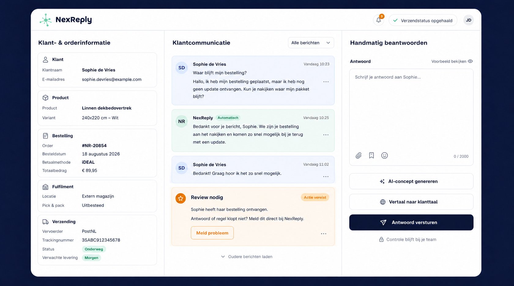 Illustratief NexReply-inboxoverzicht